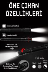 3 MOD Şarjlı Led Kalem Tipi El Feneri Zoomlu Flaşörlü Polis Feneri 5 Watt Beyaz Işık 300 Lümen