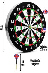 18'' İnç Semi-Profesyonel Büyük Boy Dart Seti 6 Oklu Çift Taraflı Kalın Dart Tahtası Metal Dart 45 cm