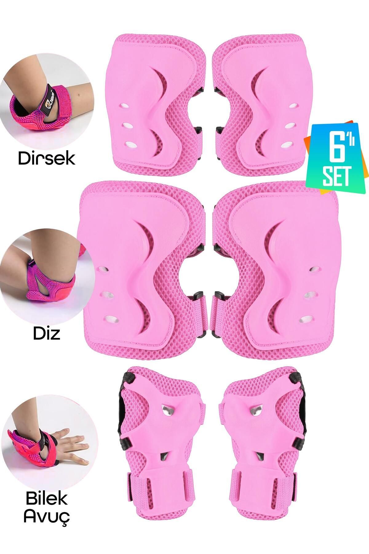 6'lı Yüksek Koruma 3-12 Yaş Paten Scooter Bisiklet Kaykay Diz Dirsek El Koruma Koruyucu Seti Pembe