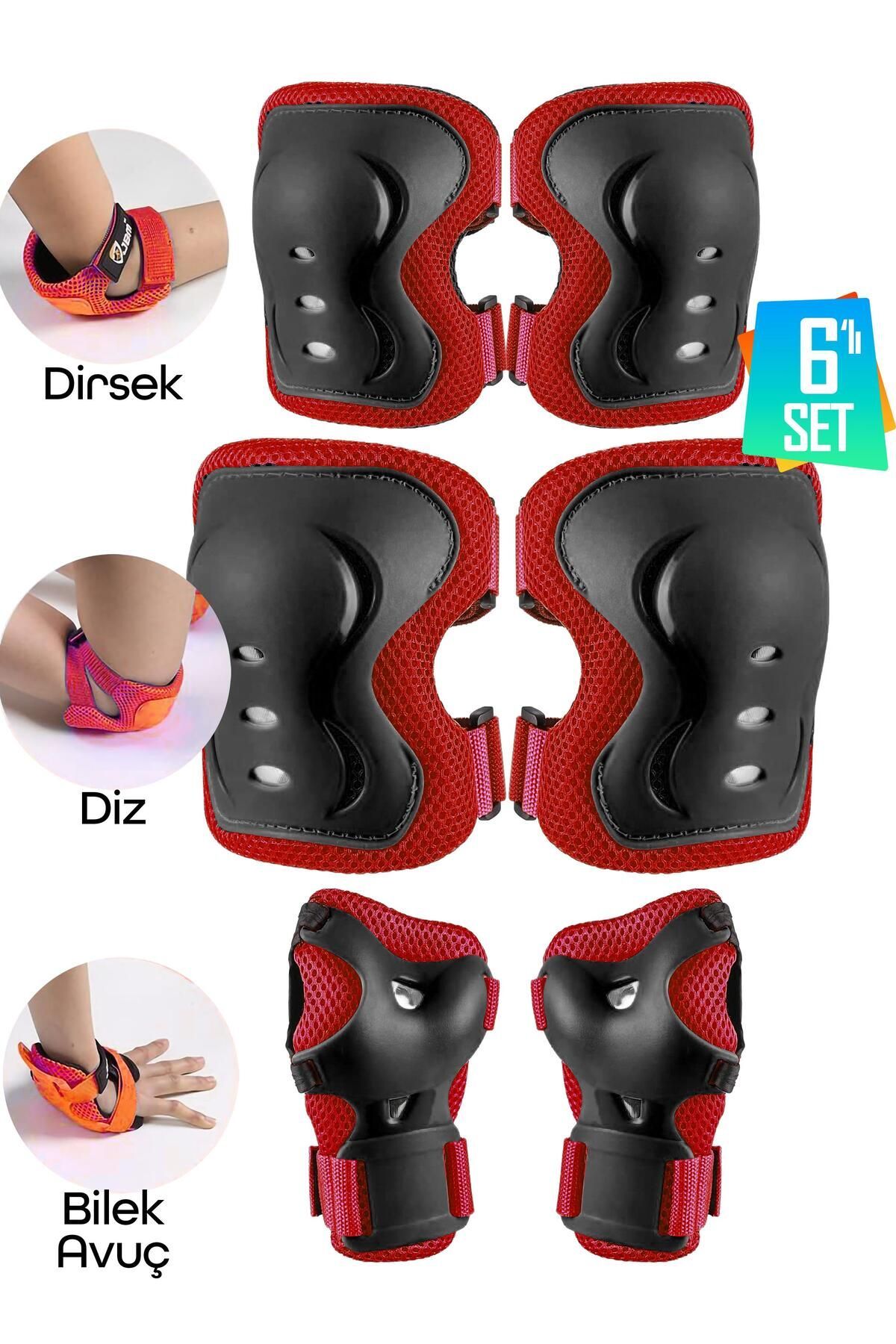 6'lı Yüksek Koruma 3-12 Yaş Paten Scooter Bisiklet Kaykay Diz Dirsek El Koruma Koruyucu Seti Kırmızı