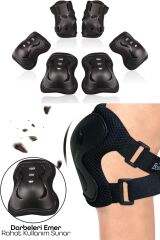 6'lı Yüksek Koruma 3-12 Yaş Paten Scooter Bisiklet Kaykay Diz Dirsek El Koruma Koruyucu Seti Siyah