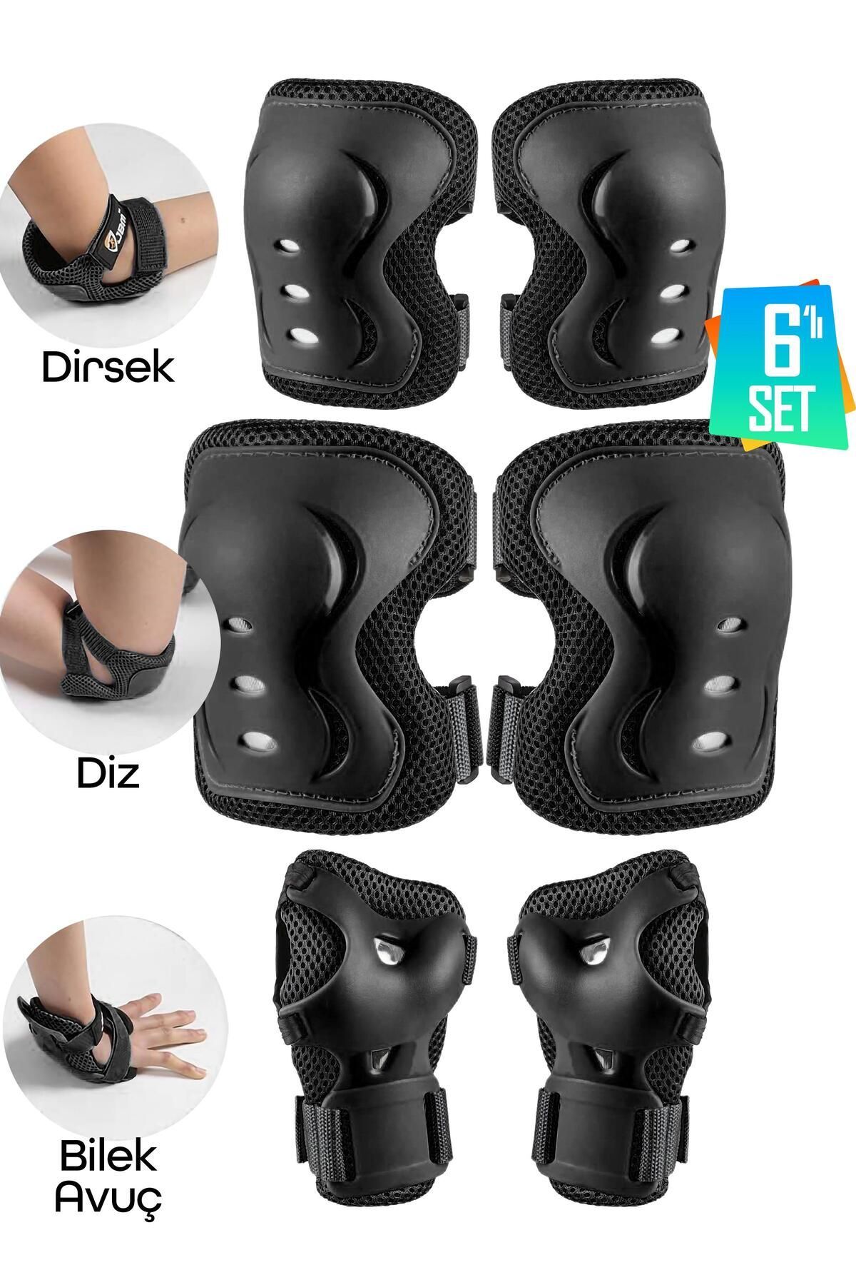 6'lı Yüksek Koruma 3-12 Yaş Paten Scooter Bisiklet Kaykay Diz Dirsek El Koruma Koruyucu Seti Siyah