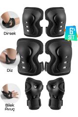 6'lı Yüksek Koruma 3-12 Yaş Paten Scooter Bisiklet Kaykay Diz Dirsek El Koruma Koruyucu Seti Siyah
