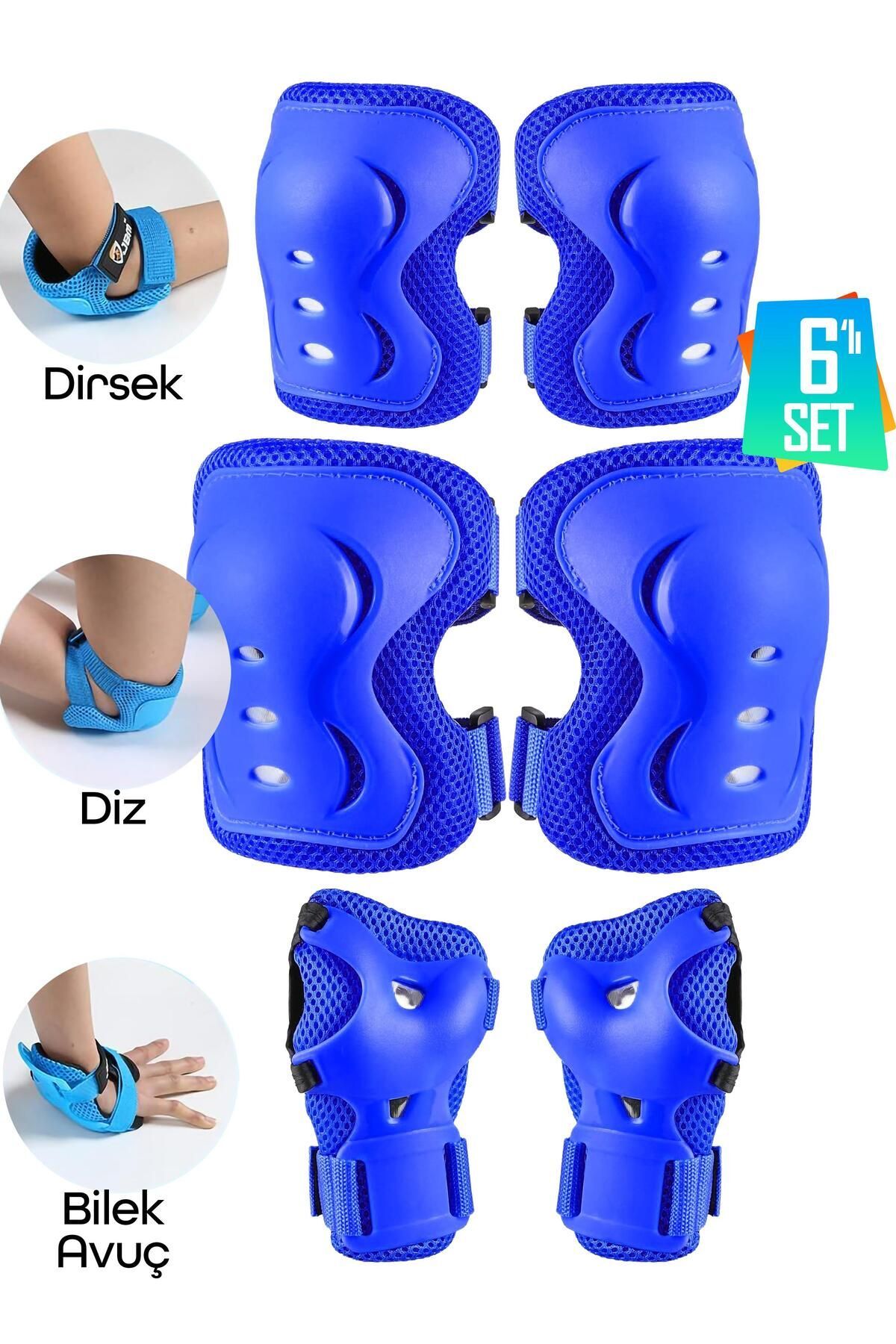 6'lı Yüksek Koruma 3-12 Yaş Paten Scooter Bisiklet Kaykay Diz Dirsek El Koruma Koruyucu Seti Mavi