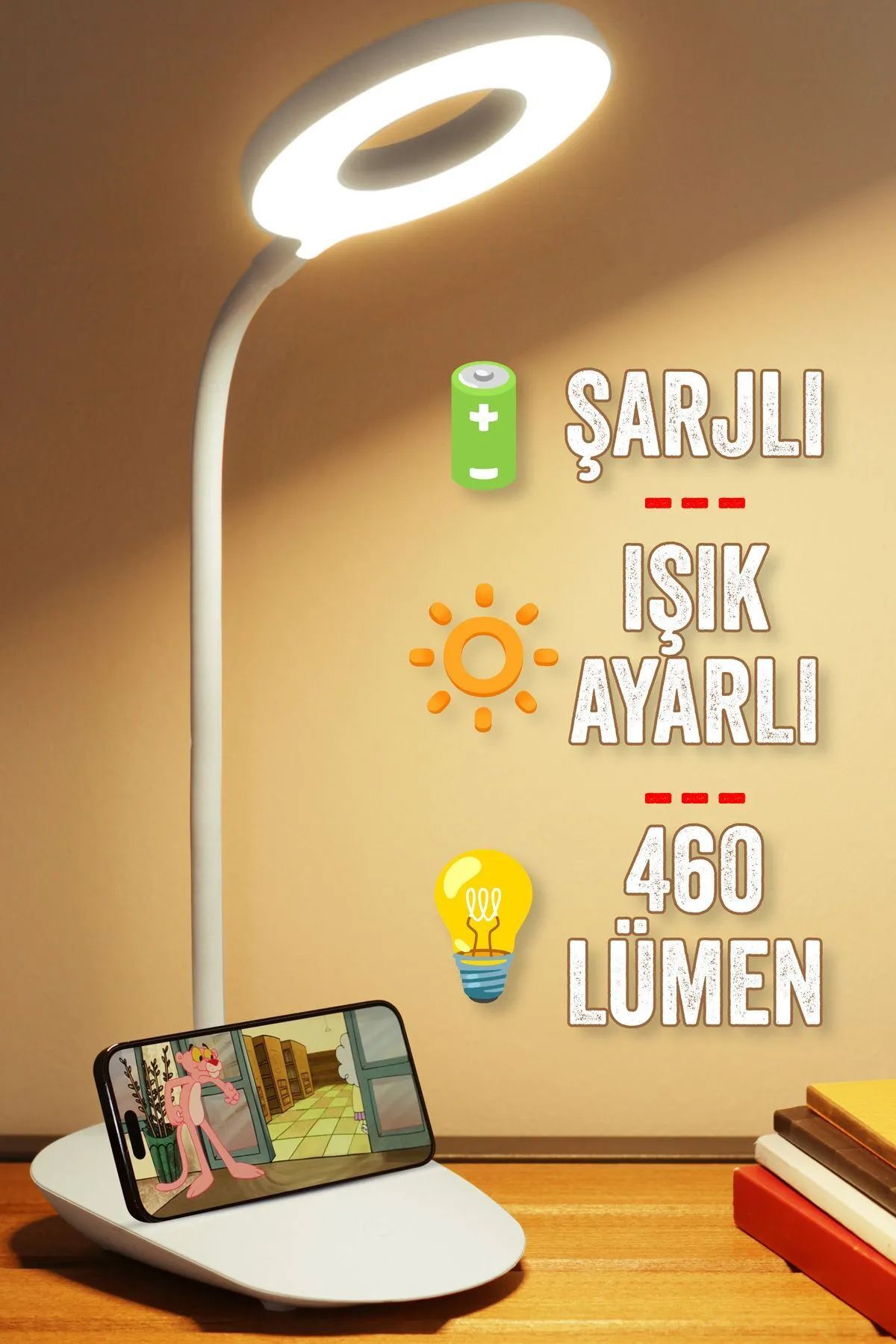 Şarjlı Masa Lambası Dokunmatik 3 Renk 24 Led Telefon Standlı Kademeli Çalışma Okuma Işığı