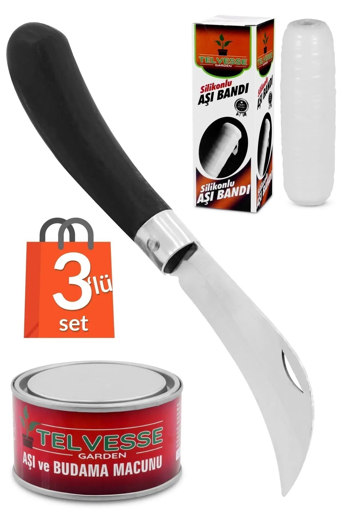 Eğri Aşı Bıçağı Aşı Macunu Aşı Bandı  3'lü Paket Ağaç Aşılama Seti
