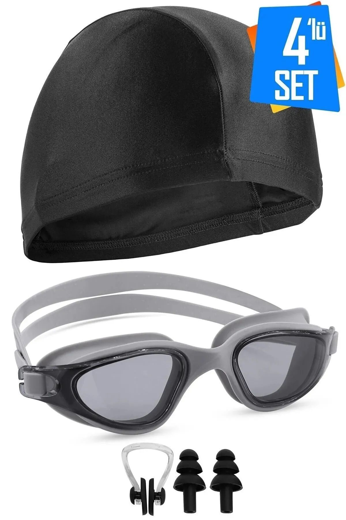4LÜ SET Swimmer PRO Buğu Yapmaz Havuz Deniz Yüzücü Gözlüğü Boneli Tıkaçlı UV Korumalı Yüzme